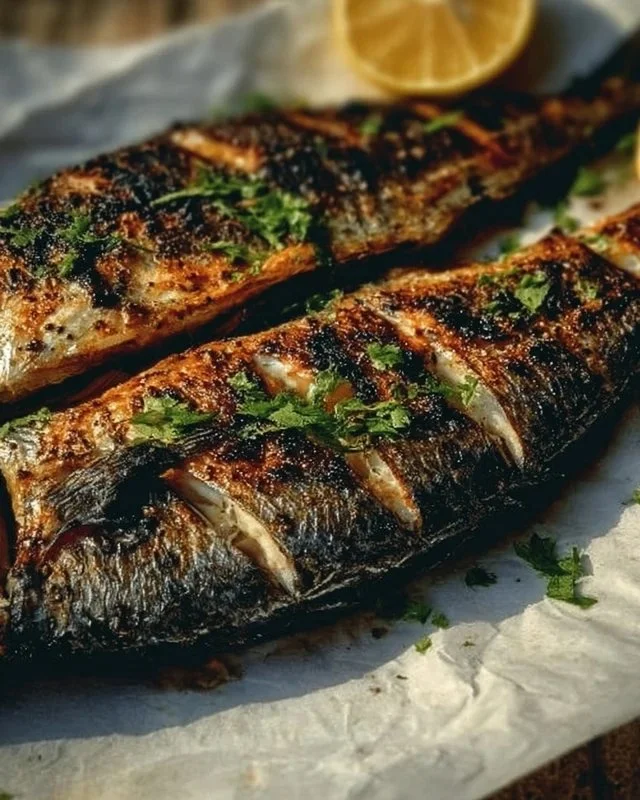 Delicious Greek style grilled fish seasoned with herbs and served on a plate.