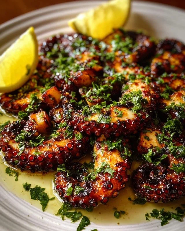 Delicious grilled octopus served with lemon and herbs on a plate