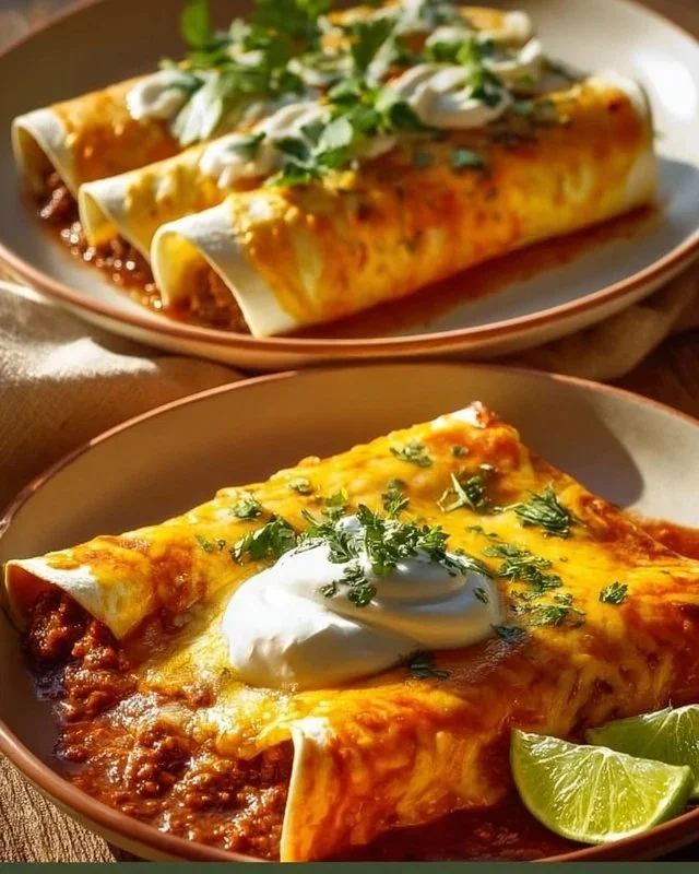 Baked ground beef enchiladas topped with cheese and garnished with cilantro
