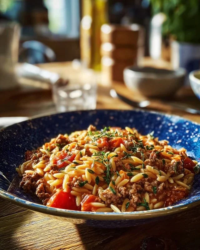 Delicious bowl of ground beef orzo with fresh herbs and spices
