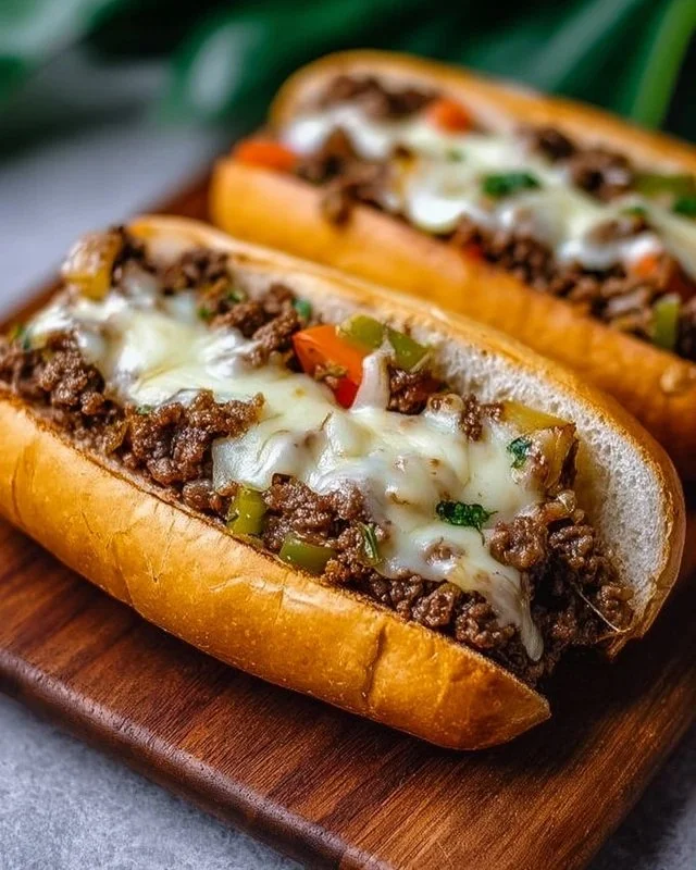 Delicious Ground Beef Philly Cheesesteaks loaded with cheese and toppings.