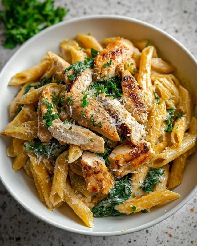 Healthy Garlic Parmesan Chicken Pasta served with fresh herbs on a plate