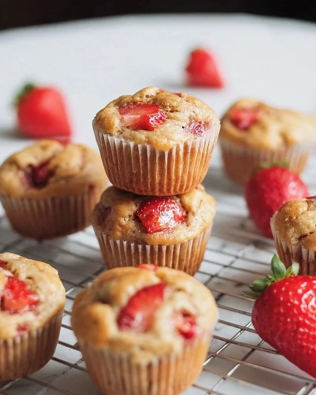Delicious healthy strawberry banana yogurt muffins on a wooden table
