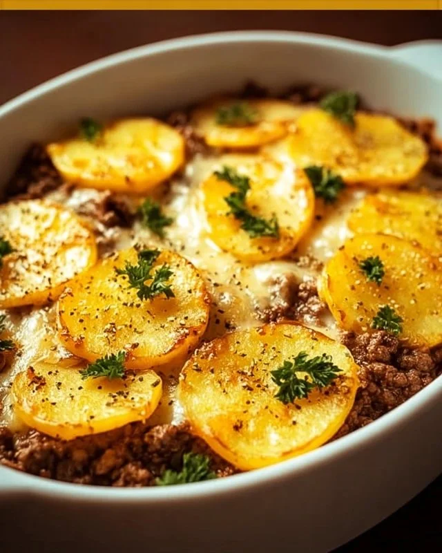 Delicious Hobo Casserole with ground beef and vegetables in a baking dish.