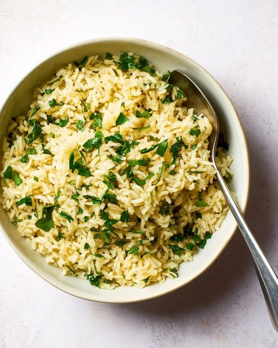 Homemade rice pilaf served in a bowl with herbs and spices