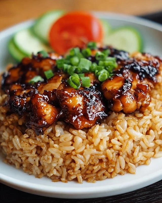 Delicious Honey BBQ Chicken served over rice with garnishes.