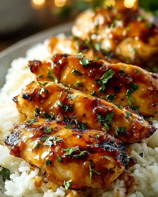 Delicious Honey Garlic Chicken Breasts served on a plate with garnish.