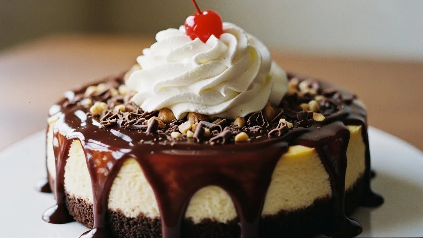 Delicious hot fudge sundae brownie cheesecake with chocolate drizzle and whipped cream