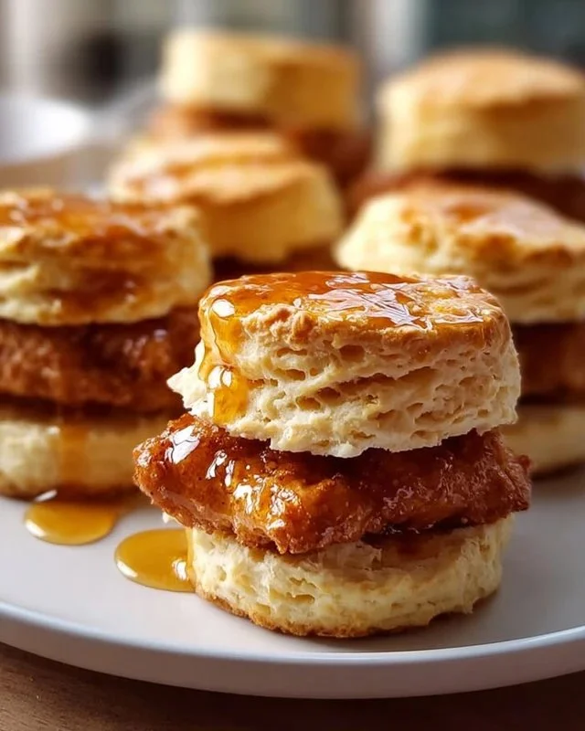 Hot honey chicken biscuits served on a plate with honey drizzle and herbs