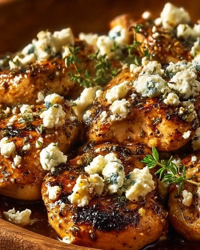 Delicious Hot Honey Feta Chicken served with fresh herbs and vegetables.