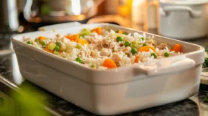 uncooked chicken rice casserole ingredients layered in a white ceramic baking dish