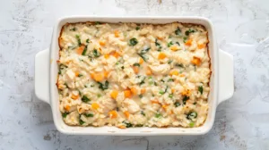 creamy chicken rice casserole mixture before adding cheese
