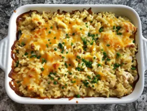 baked chicken rice casserole with melted cheese in a white ceramic baking dish