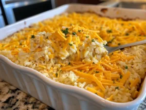 serving chicken rice casserole with melted cheese using a spoon