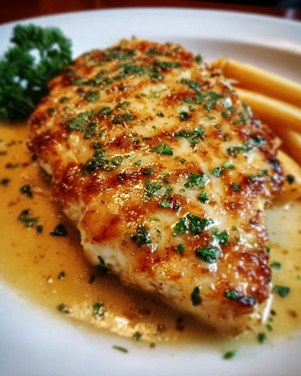 Longhorn Steakhouse Parmesan Chicken served with creamy sauce and herbs