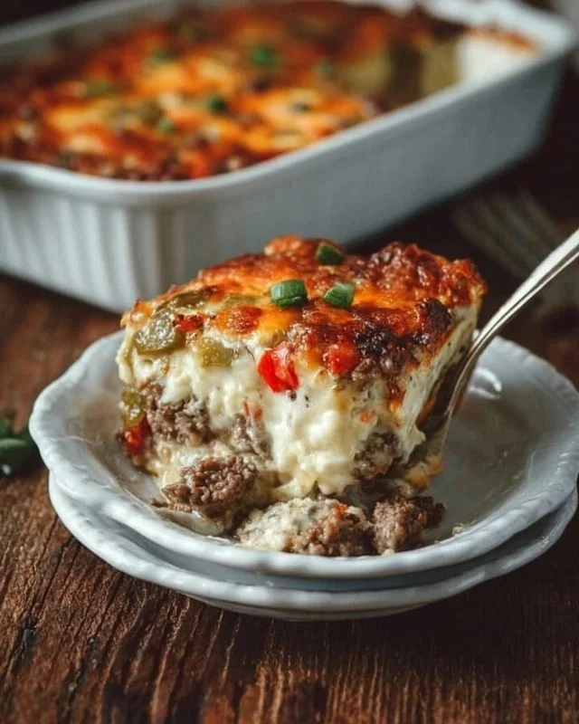 Low Carb Philly Cheesesteak Casserole with cheese and peppers in a dish