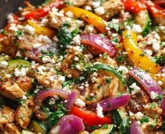Delicious Mediterranean Chicken Stir Fry served with colorful vegetables