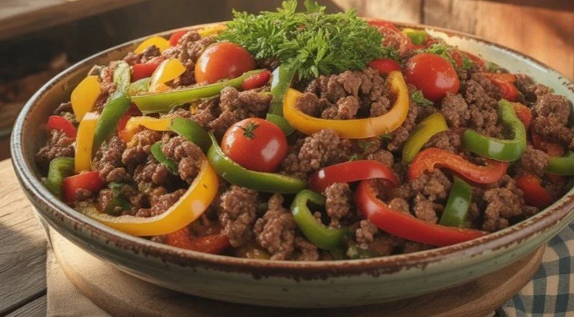 Mediterranean ground beef stir-fry with colorful vegetables in a skillet