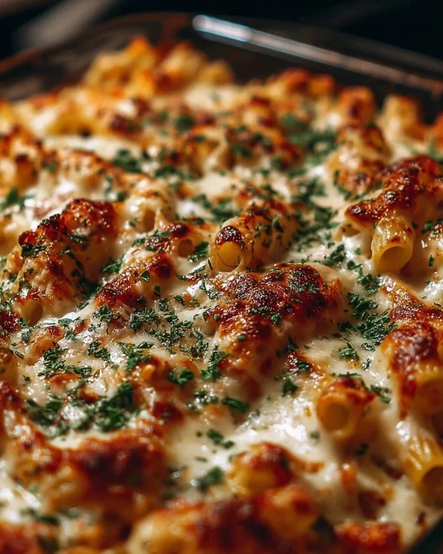 Delicious Million Dollar Baked Ziti topped with melted cheese and herbs.