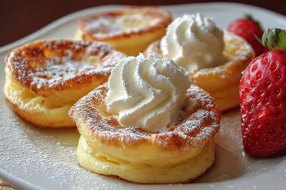 A plate of delicious mini German pancakes topped with syrup and berries.