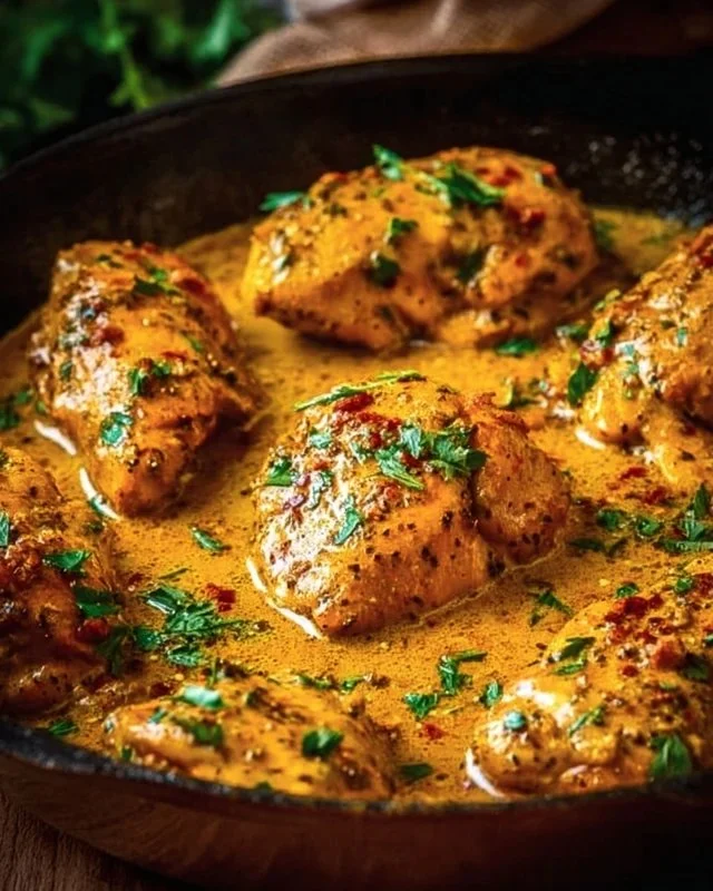 Plate of mouthwatering Cowboy Butter Chicken garnished with herbs