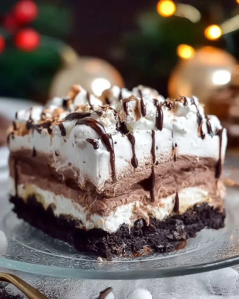 Delicious no-bake hot chocolate lasagna dessert layered with chocolate and cream.