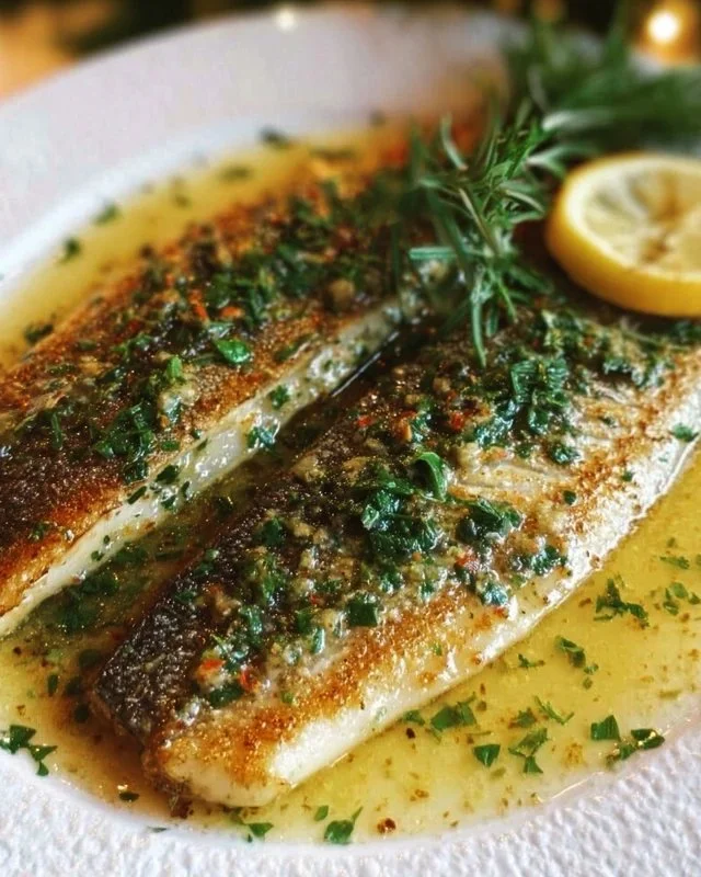 Delicious pan fried sea bass with lemon garlic herb sauce on a plate.