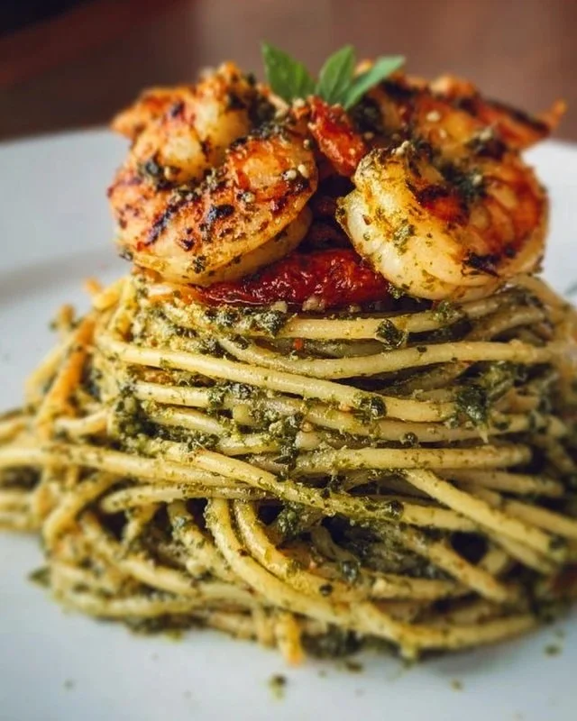 Delicious pesto pasta with grilled shrimp stacked for a gourmet presentation.
