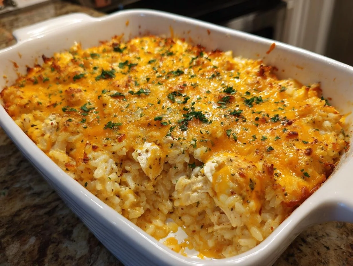 Pioneer Woman chicken rice casserole served in a baking dish