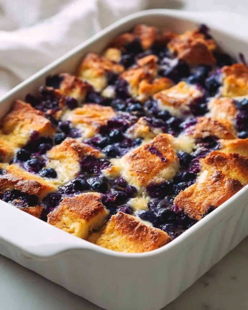 Quick blueberry French toast casserole served with syrup and fresh blueberries.