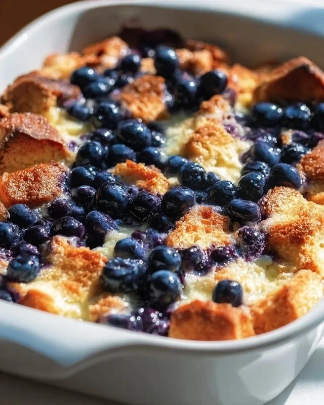 Delicious blueberry French toast casserole ready to serve with fresh blueberries on top.