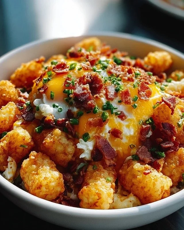 Hearty tater tot breakfast bowl with eggs, cheese, and toppings