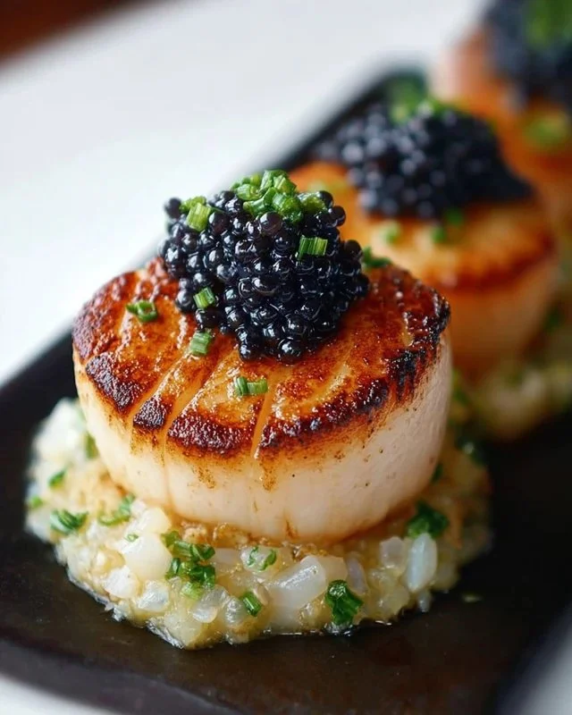 Plate of seared scallops topped with caviar and garnished elegantly
