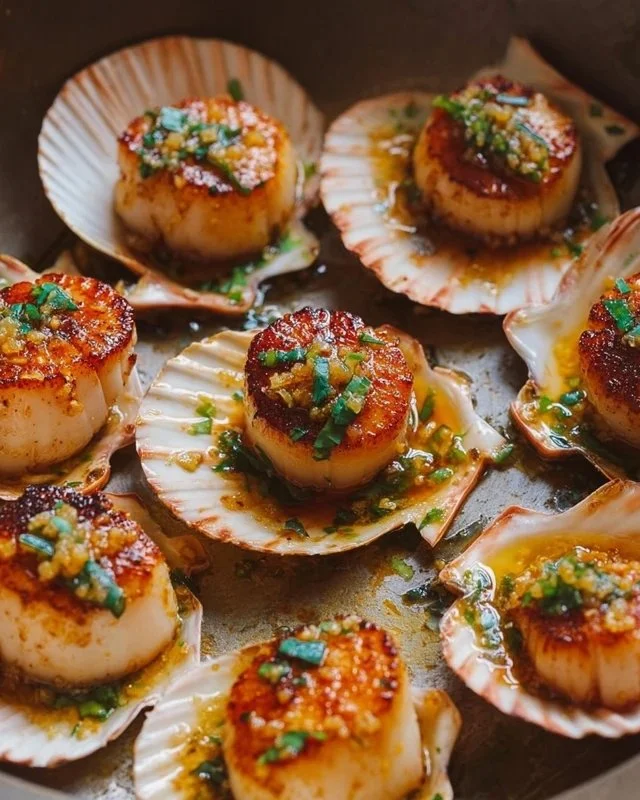 Seared scallops served with yuzu garlic butter on a plate