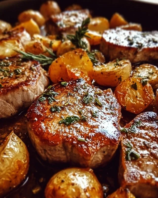 Sheet pan with pork chops and potatoes, roasted to perfection.