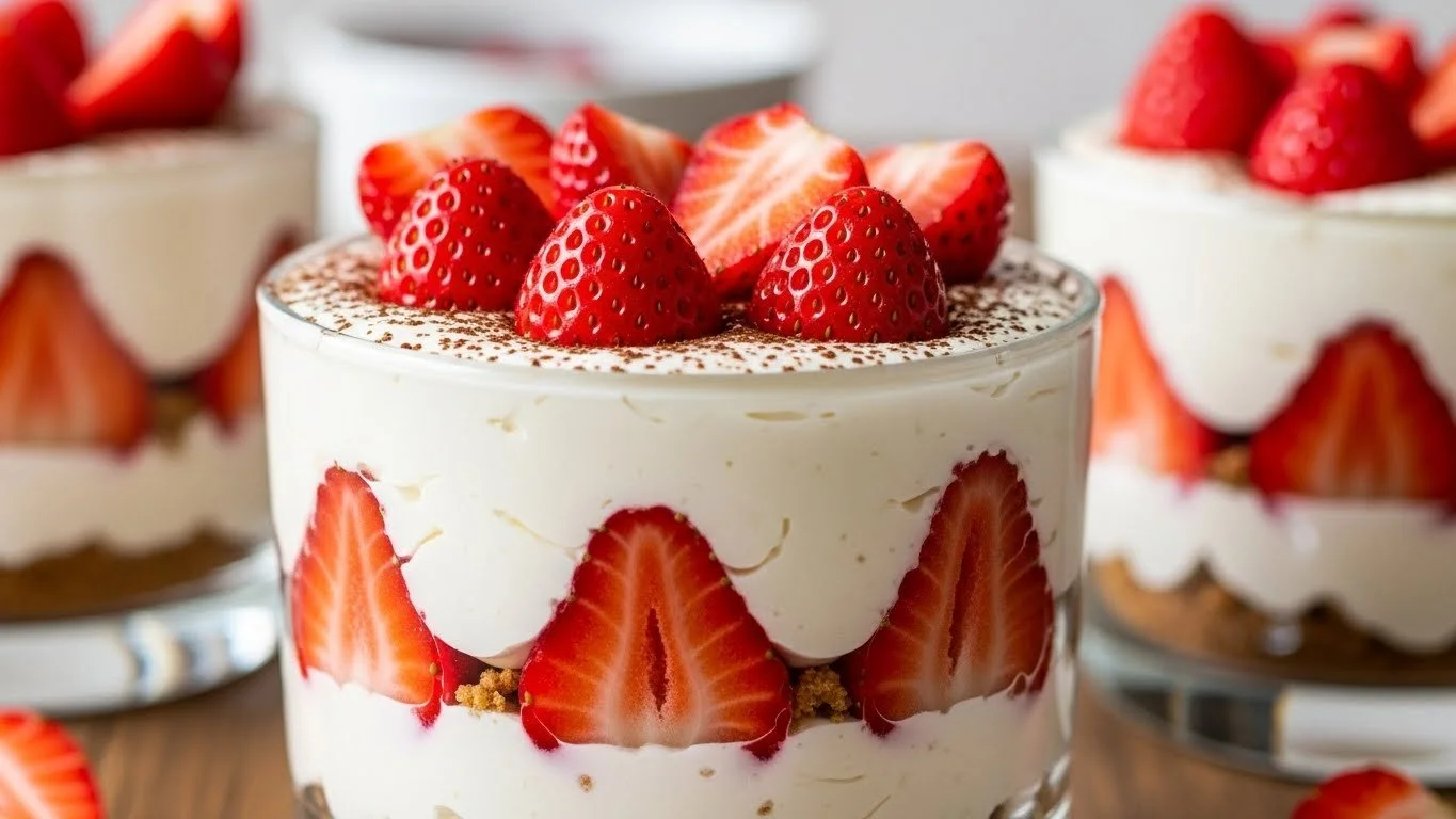 Silky creamy blender dessert in a glass topped with fruit