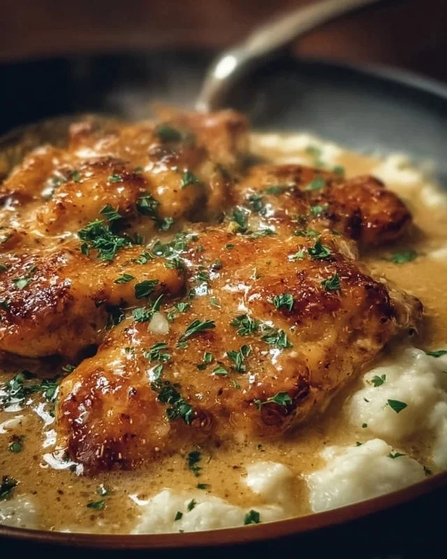 Delicious smothered chicken served with rich gravy and herbs