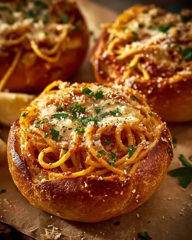 Spaghetti Garlic Bread Bowls with fresh herbs and melted cheese