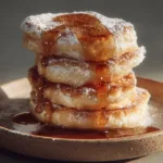 Stack of churro pancakes drizzled with chocolate and sprinkled with cinnamon sugar