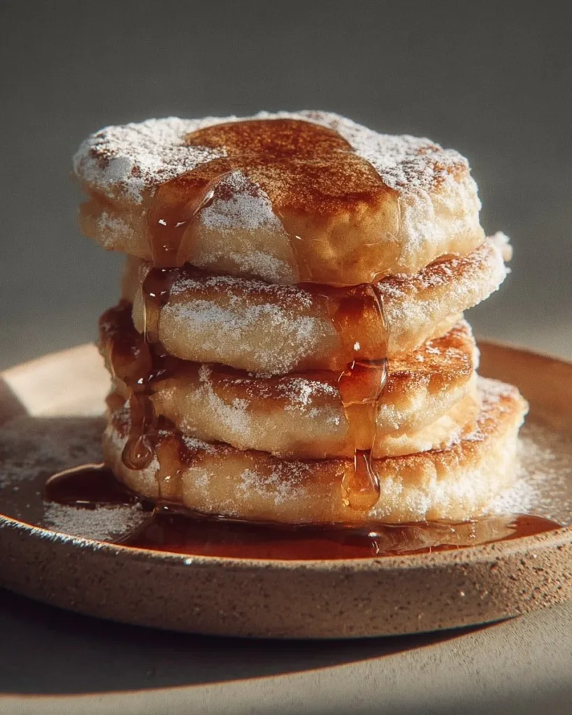 Stack of churro pancakes drizzled with chocolate and sprinkled with cinnamon sugar