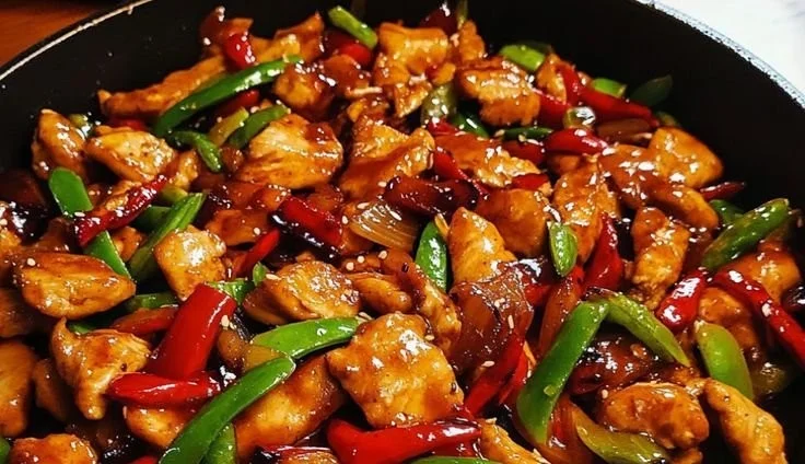 Delicious spicy chicken stir fry with colorful vegetables in a skillet