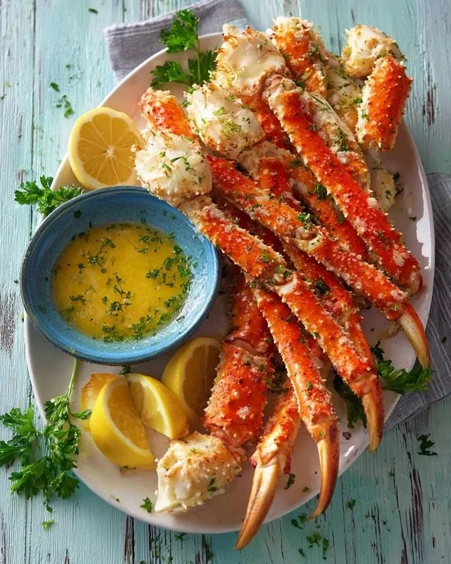 Steamed king crab legs served with garlic lemon butter sauce