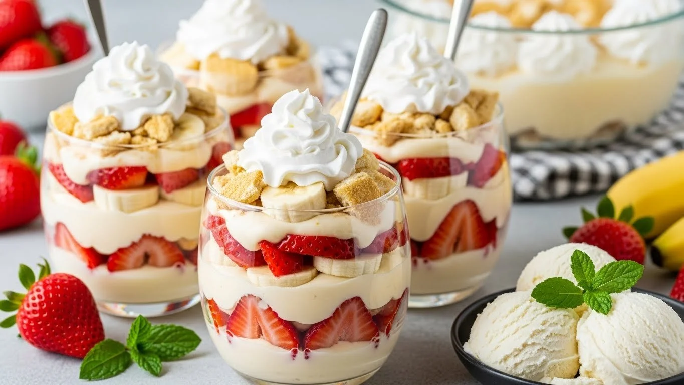 Delicious Strawberry Banana Pudding dessert in a bowl with fresh strawberries and bananas
