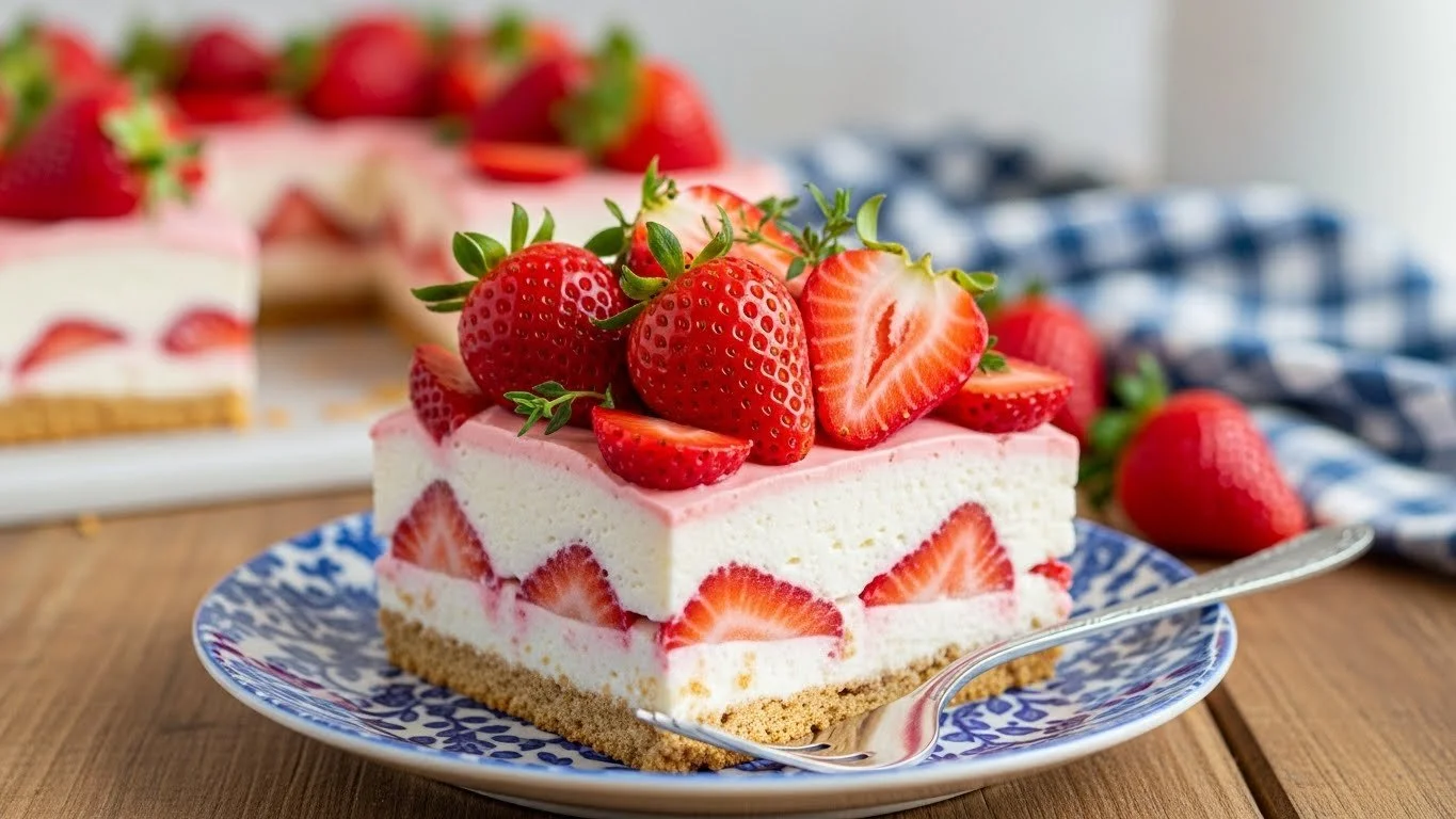 Delicious Strawberry Cream Cheese Icebox Cake served on a white plate