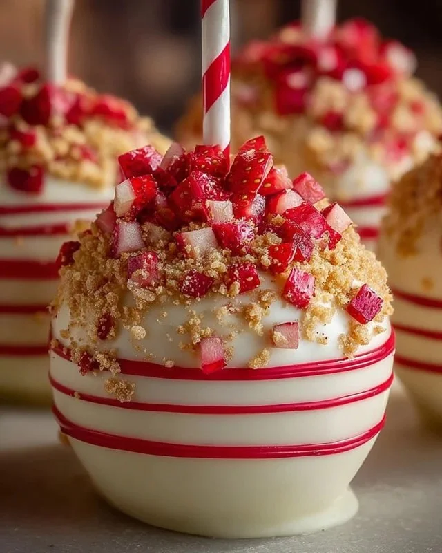 Strawberry shortcake candy apples drizzled with chocolate and topped with fresh strawberries.