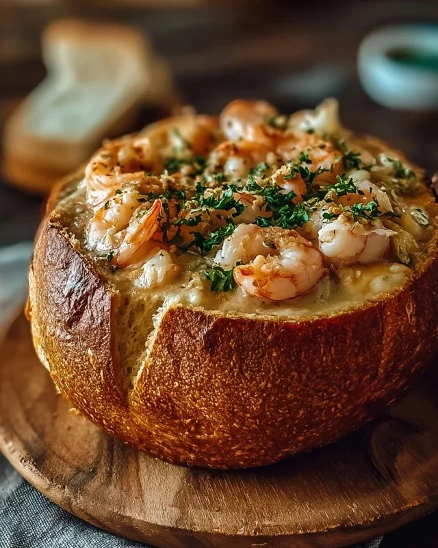 Stuffed seafood bread bowl filled with fresh seafood and creamy filling.