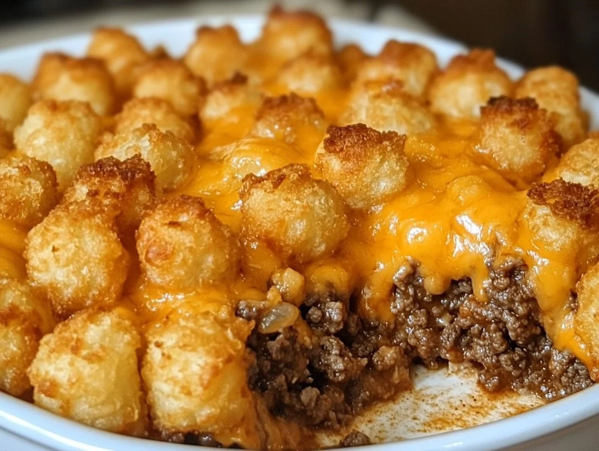 Tater tot casserole with ground beef topped with golden crispy tater tots