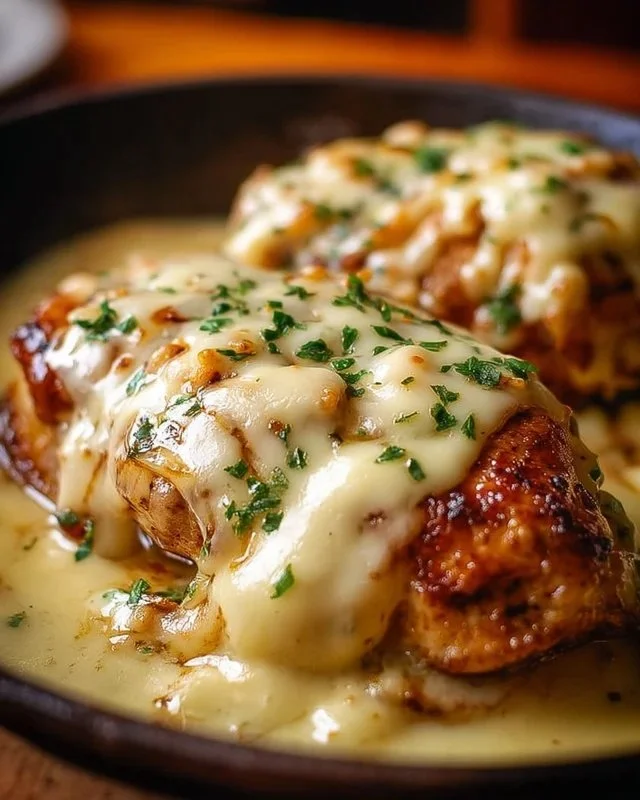 Texas Roadhouse Smothered Chicken topped with creamy sauces and savory ingredients