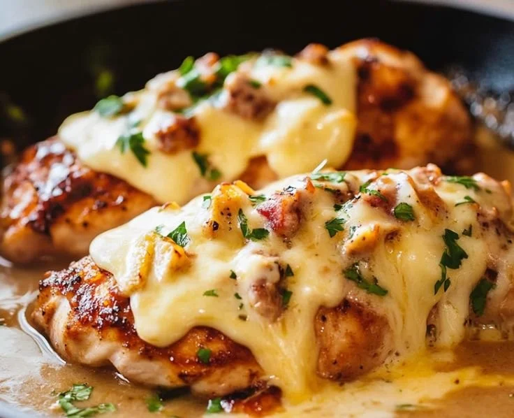 Texas Roadhouse smothered chicken topped with jack cheese served on a plate