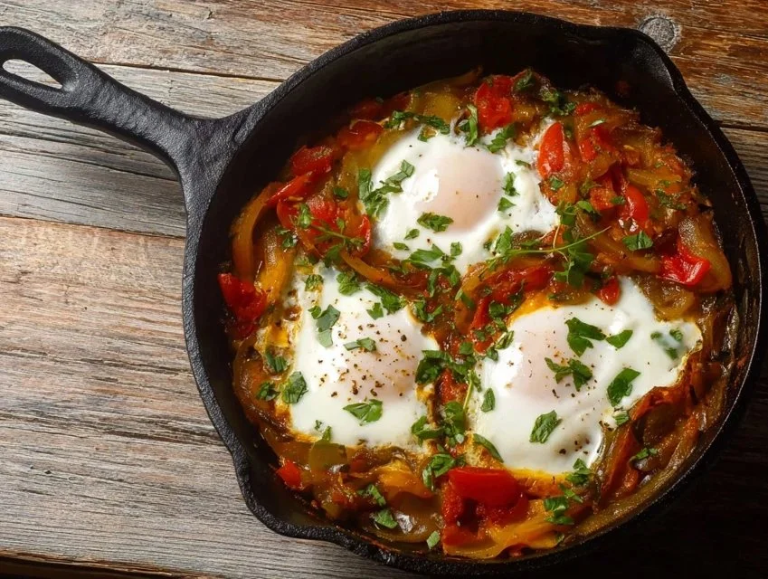 A colorful Afghan Omelette topped with fresh herbs and veggies.